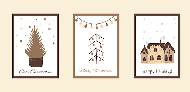 Boho christmas set of cards in cute doodle style