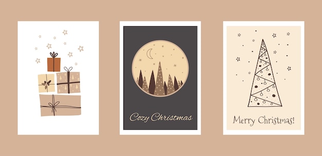 Boho christmas set of cards in cute doodle style