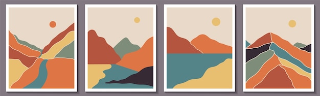 Poster di paesaggi contemporanei boho con fiume, montagne di sole e luna,