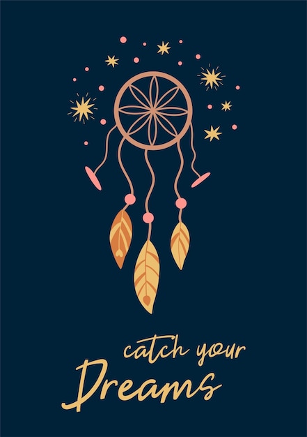 Boho Dreamcatcher 당신의 꿈 카드를 잡으십시오 어두운 아기 인쇄 벡터 요소에 귀여운 아이 Boho 포스터