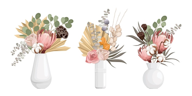 Boho Dried Vase Set Of Four Vases With Flowers Bunch With Isolated Plants And Clean Surface Illustration