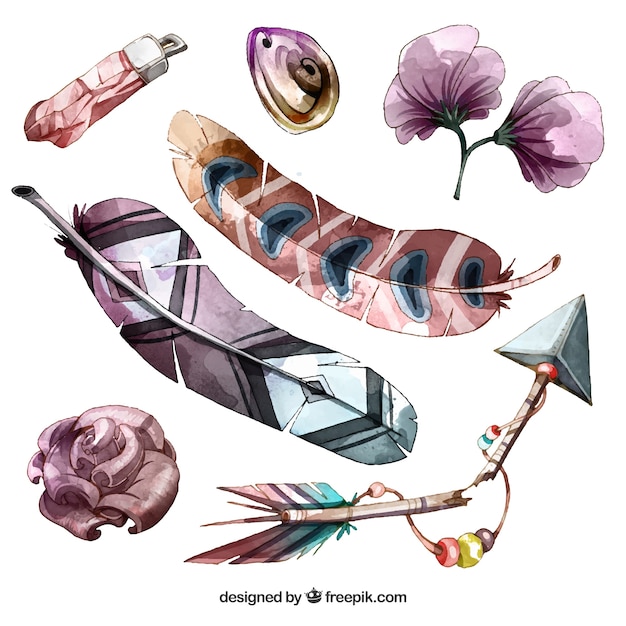 Vector boho elements collection with feathers