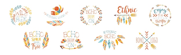 Logo etnico boho e set vettoriale di adesivi hipster alla moda