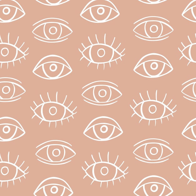 Vector boho eye seamless pattern with hand drawn mystical elements trendy line art background with hand drawn eyes repeat modern doodle background ethnic pattern for cover wrapping paper wallpaper