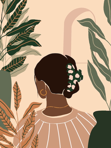 Бохо мода рисованной черная женщина с аксессуарами Модный пастельный тропический фон