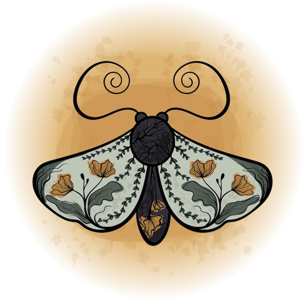 Boho Floral Butterfly Moth Insect Detailed Vector Illustration 04