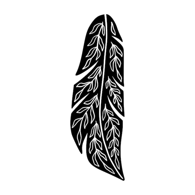 Vector boho floral feather silhouette handgetekende veer in linocut stijl etnisch icoon vector geïsoleerd