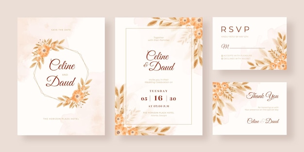 Boho floral watercolor wedding card template