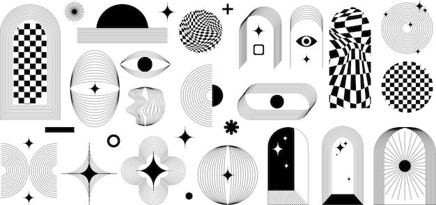 boho frame set vector abstract shapes in minimal y2k style modern line objects mystic border simple futuristic objects stars retro grid rainbow print bohemian arch element art deco boho frame