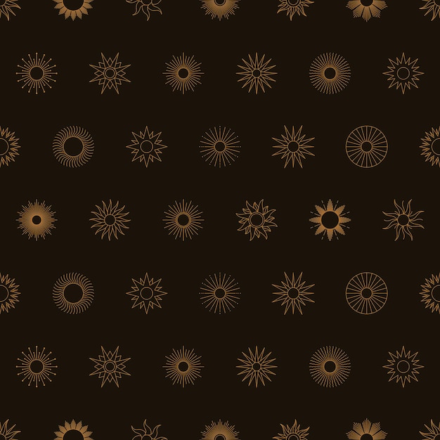 최소한의 라이너 스타일에 Boho 황금 태양 완벽 한 패턴입니다. 직물 인쇄, 표지, 포장에 대한 벡터 어두운 배경.