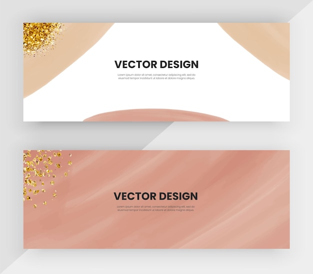 Vector boho hand drawing horizontal web banners with gold glitter texture