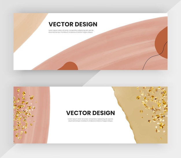 Vector boho hand drawing horizontal web banners with gold glitter texture