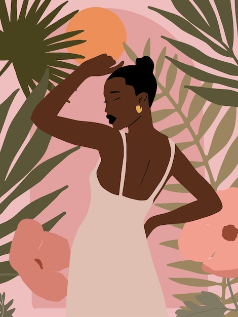 бохо ручная роспись обложка с портретом черной женщины тропическая пальмовая ветвь и экзотический цветок