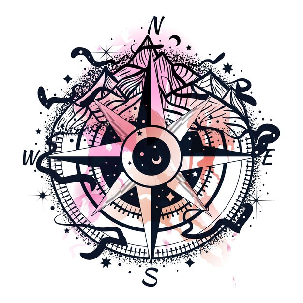 Boho illustration of a compass with mountains and night sky Outdoortravel symbol