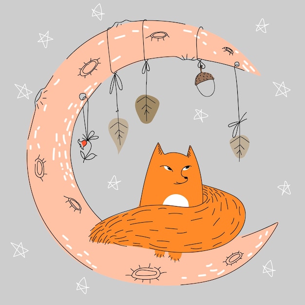 Boho image with fox moon doodle style for decoration design