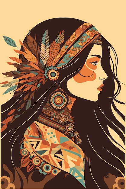 Vector boho indian tribal girl portrait with feathers in hair and wearing traditional poncho