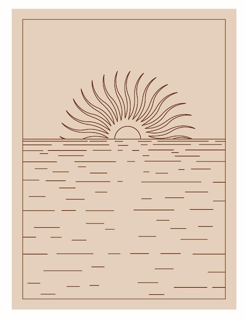 Boho lijntekeningen, minimalistische illustratie, landschap, zon