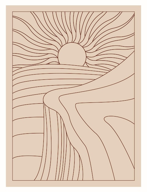 Boho line art, minimalistic illustration, landscape, sun