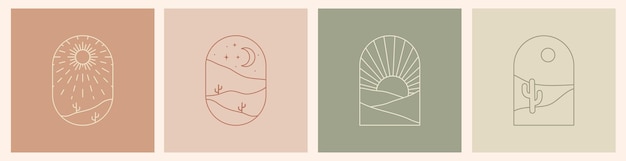 Логотип Бохо пейзаж с пустыней Кактус песчаные горы солнце и луна Абстрактные шаблоны дизайна Вектор
