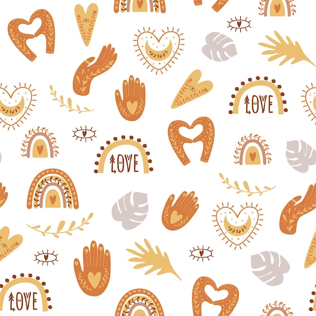 Boho love pattern Folk ornament Hands make heart doodle rainbow hand heart plant eyes Ethnic floral romantic doodle pattern Valentines day background Boho fabric design Vector illustration