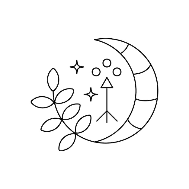 Boho magic icon with moon stars twig with leaves arrow Mystic symbol Abstract hand drawn vector