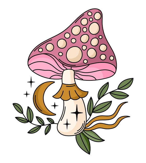 Boho magic mushroom vector clipart. Mystical celestial mushroom illustration