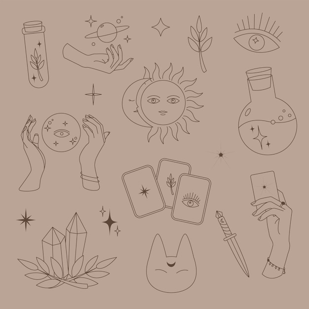 Vector boho magical elements, witchcraft objects moon, eye, hands, sun,simple line, bohemian