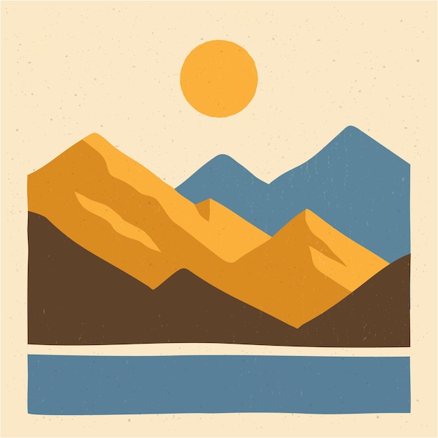 Vector boho minimalist mountain landscape with sun and sea vector illustration