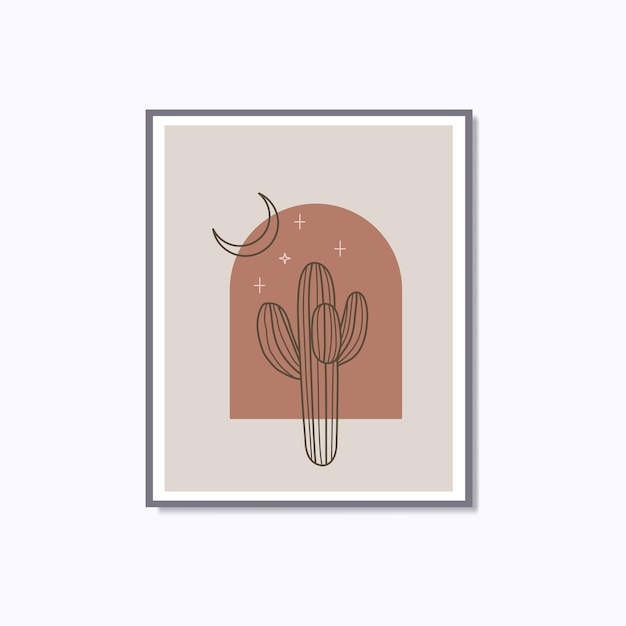 Vector boho modern minimalist linear cactus moon and star wall art poster