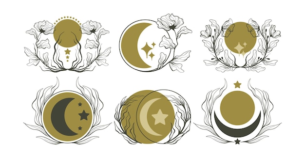 Boho Moon Mystic Celestial Floral Elements and Symbols Vector Graphics Collection 02