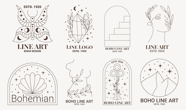 Insieme di logo esoterico di boho mistico doodle. icona della linea magica con farfalla, diamante, arco, corpo e viso di donna, chiave, montagna. illustrazione vettoriale moderna boema