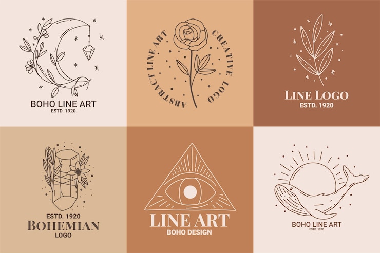 Vector boho mystic doodle esoteric logo set magic line art icon with moon rose leaf diamond eye whale