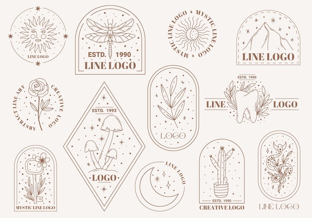 Бохо мистический каракули эзотерический логотип набор. магия линии искусства значок с моли, ключ, солнце, кактус, луна