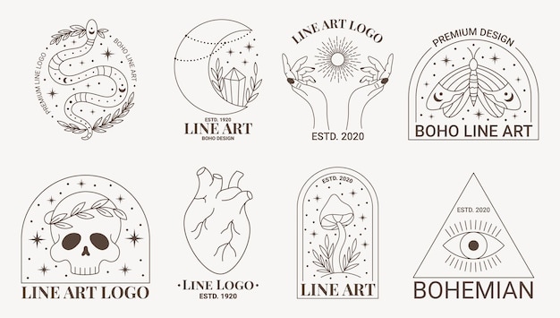 Insieme di logo esoterico di boho mistico doodle. icona della linea magica con falena, luna, teschio, mano, sole, cuore, luna