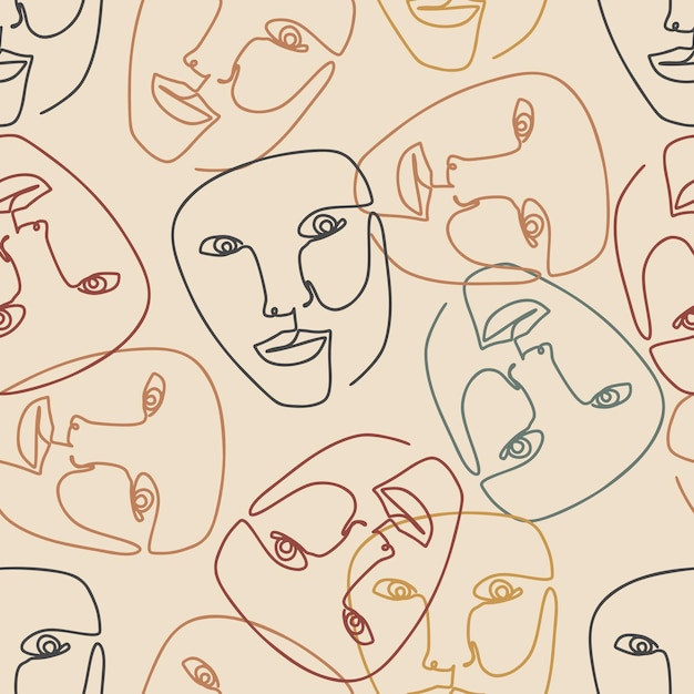 Boho One Line Hand getekende abstracte gezichten naadloze patroon