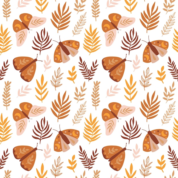 Boho pattern in pastel beige pink brown color on pink background Leaves pattern