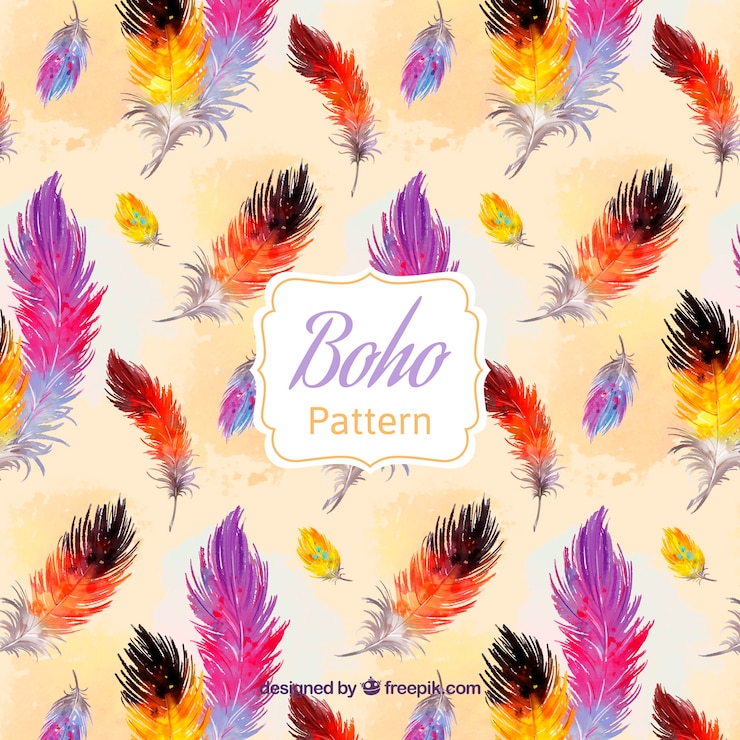 Vector boho pattern with watercolor feathers