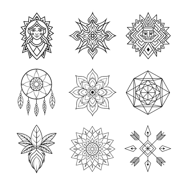 boho patterns coloring page line art bundle with feathers arrows dreamcatchers and more