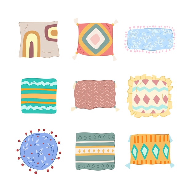 Vector boho pillow set cartoon vector illustration