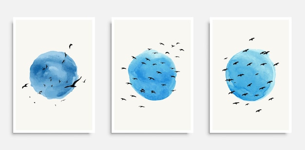 自由奔放に生きるポスターセット手描きの形の木や鳥