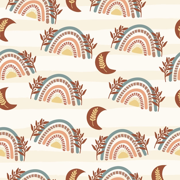 Vector boho rainbow and moon seamless pattern