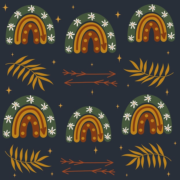 Вектор Бохо радуга бесшовный векторный рисунок со звездами, листьями и стрелами