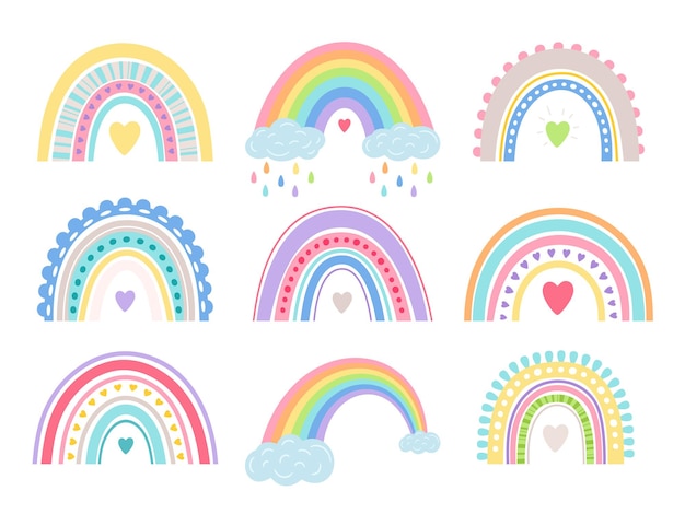 Vector boho rainbow set. cute girl room vector rainbows, baby shower cartoon bow arc decor, summer dream friendship iris signs, doodles bohos bedroom pastel colorful decoration elements