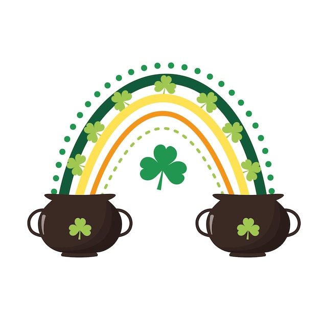 Vector boho rainbow with clover leaves and pots st patrick's day symbol