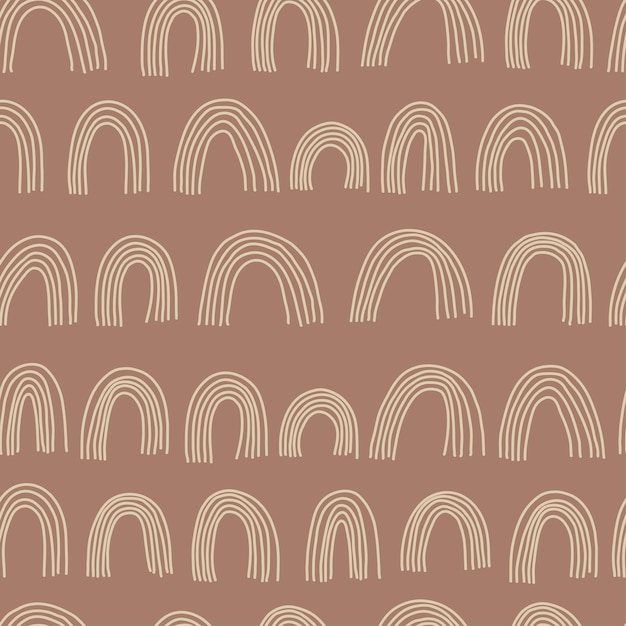 Boho rainbows seamless pattern. hand drawn nursery rainbows illustration on brown background.