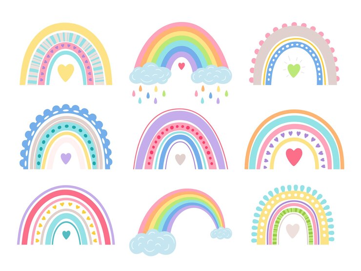 Vector boho regenboog set. schattig meisje kamer vector regenbogen, baby douche cartoon boog boog decor, zomer droom vriendschap iris tekenen, doodles bohos slaapkamer pastel kleurrijke decoratie-elementen