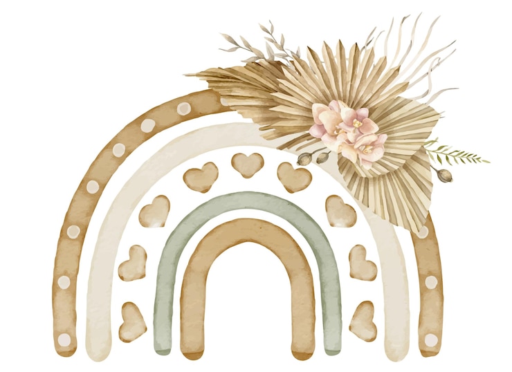 Vector boho regenboog waterverf illustratie met boheemse bloemen voor baby douche hand getekende schets in scandinavische stijl voor kinderkamer leuke pastel tekening voor kinderlijk ontwerp schilderkunst voor b