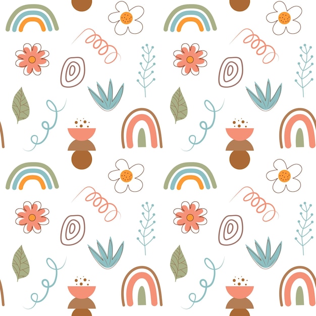Boho seamless pattern Cute flowers rainbows and abstract shapes background