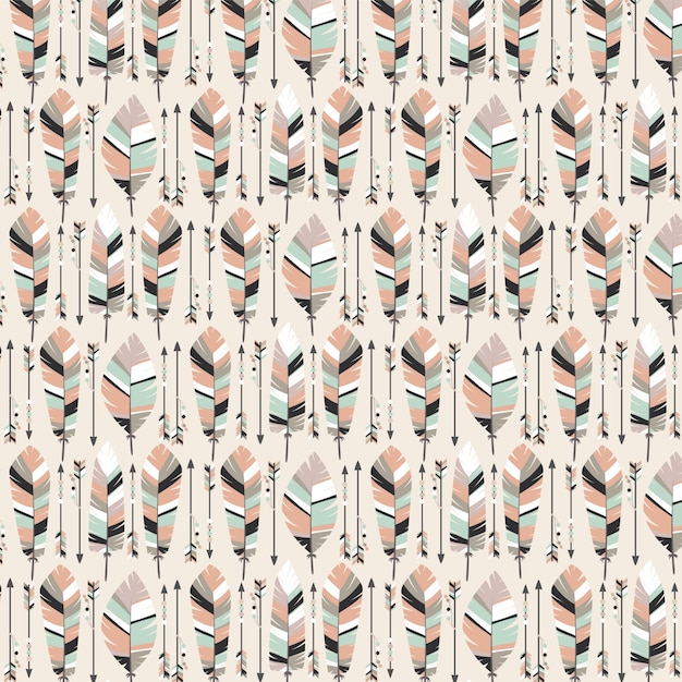 Vector boho seamless pattern with arrows and feathers. background.