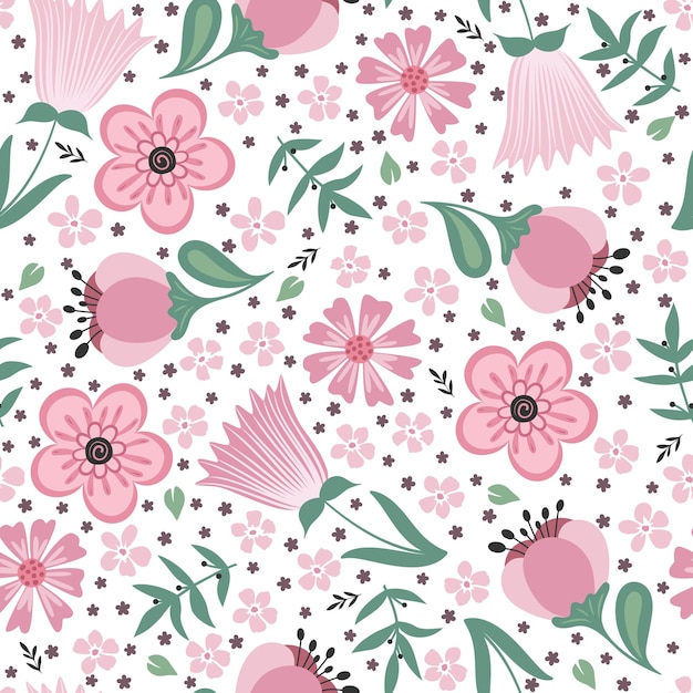 Boho seamless pattern with pink flowers and leaves